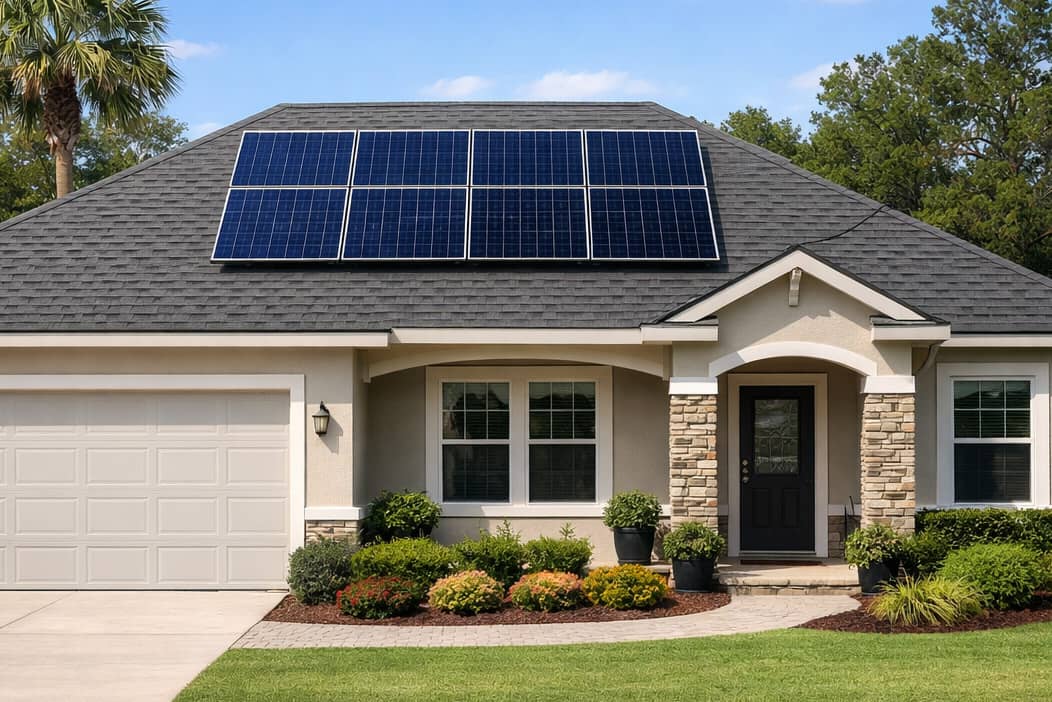 Modern Jacksonville home with solar panels installed on roof